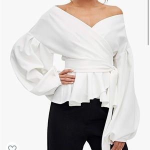 Long Sleeve V Neck Ruffle Blouse Off Shoulder Tie Waist Wrap Tops
